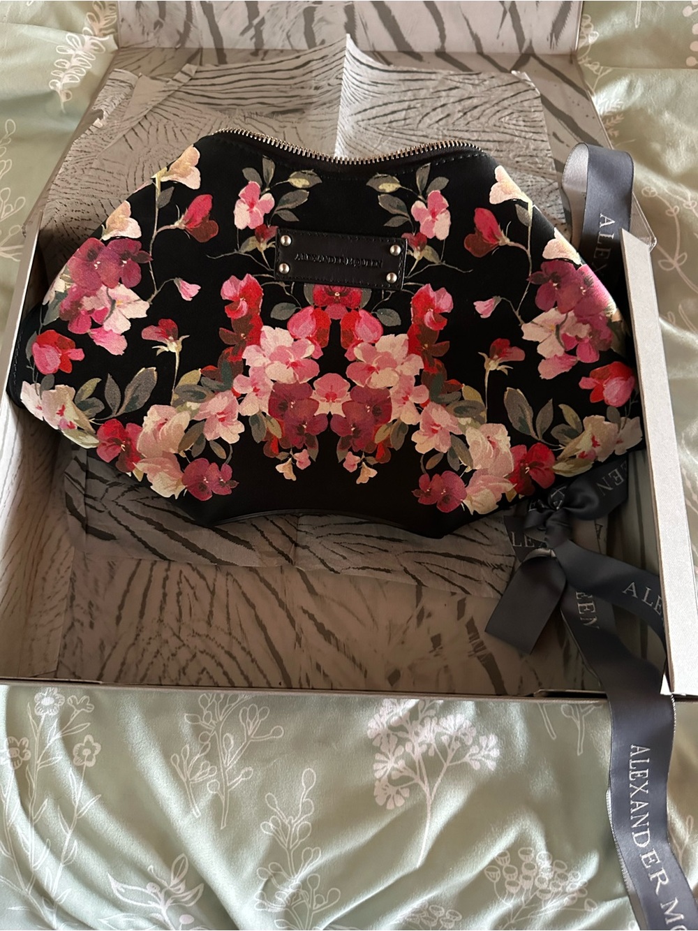 Alexander McQueen Silk Black Floral Manta Clutch